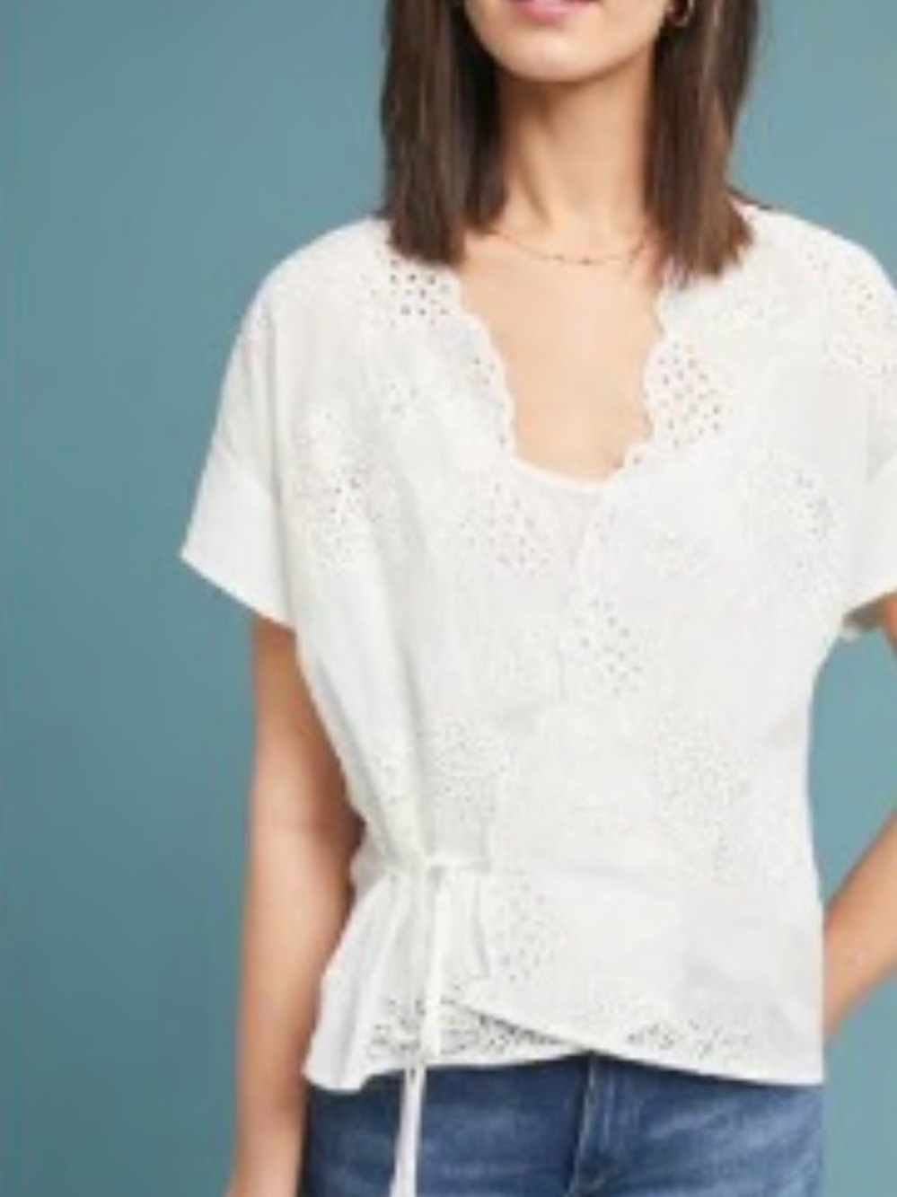 Anthropologie Scalloped Eyelet Tie-Waist Blouse - White